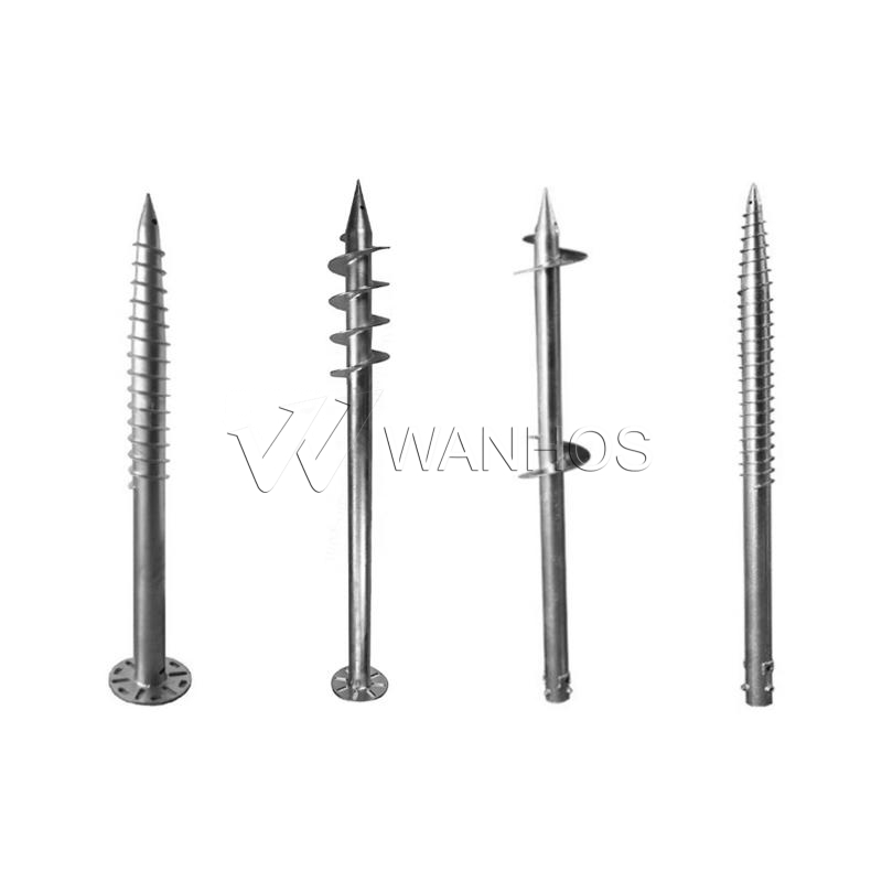 Various helical screw piles for solar panel foundations, displaying different helical designs.