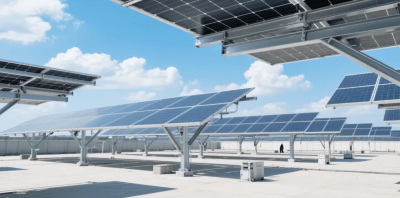 A bright, modern solar farm under a clear blue sky with scattered clouds. Various solar panel brackets—including roof-rack brackets and Z-brackets—are neatly arranged, supporting solar panels stably. Their smooth, uncorroded surfaces highlight strong corrosion resistance, set against a flat concrete ground. No people or text are present, with the focus on the brackets’ structural integrity and protective performance.