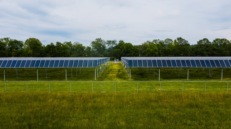 Aerial view of solar panels on a racking system in a grassy field with trees in the background.