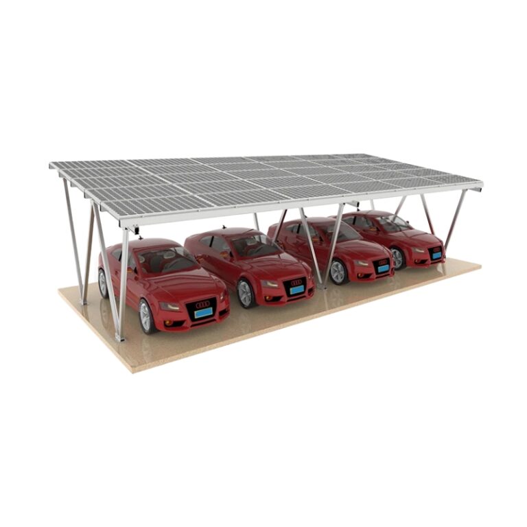 Solar carport structure with photovoltaic canopy over parking spaces