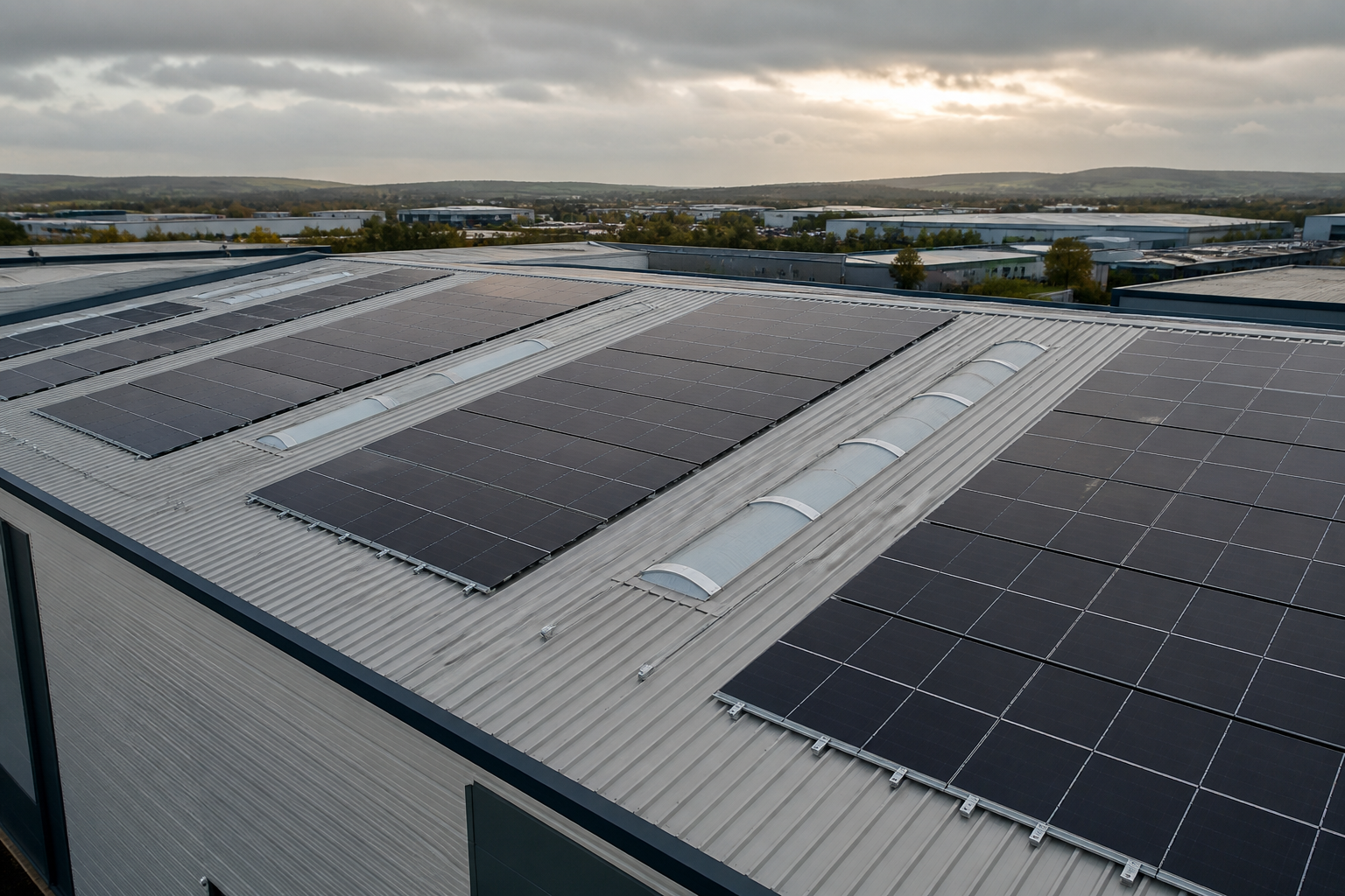 Commercial solar PV array on a UK-style metal roof